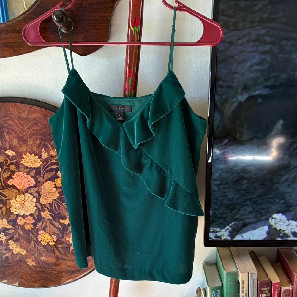 J. Crew Green Ruffle Velvet Camisole